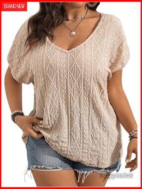 Plus Size Boho Crochet Lace V Neck Short Sleeve Tee Blouse Top